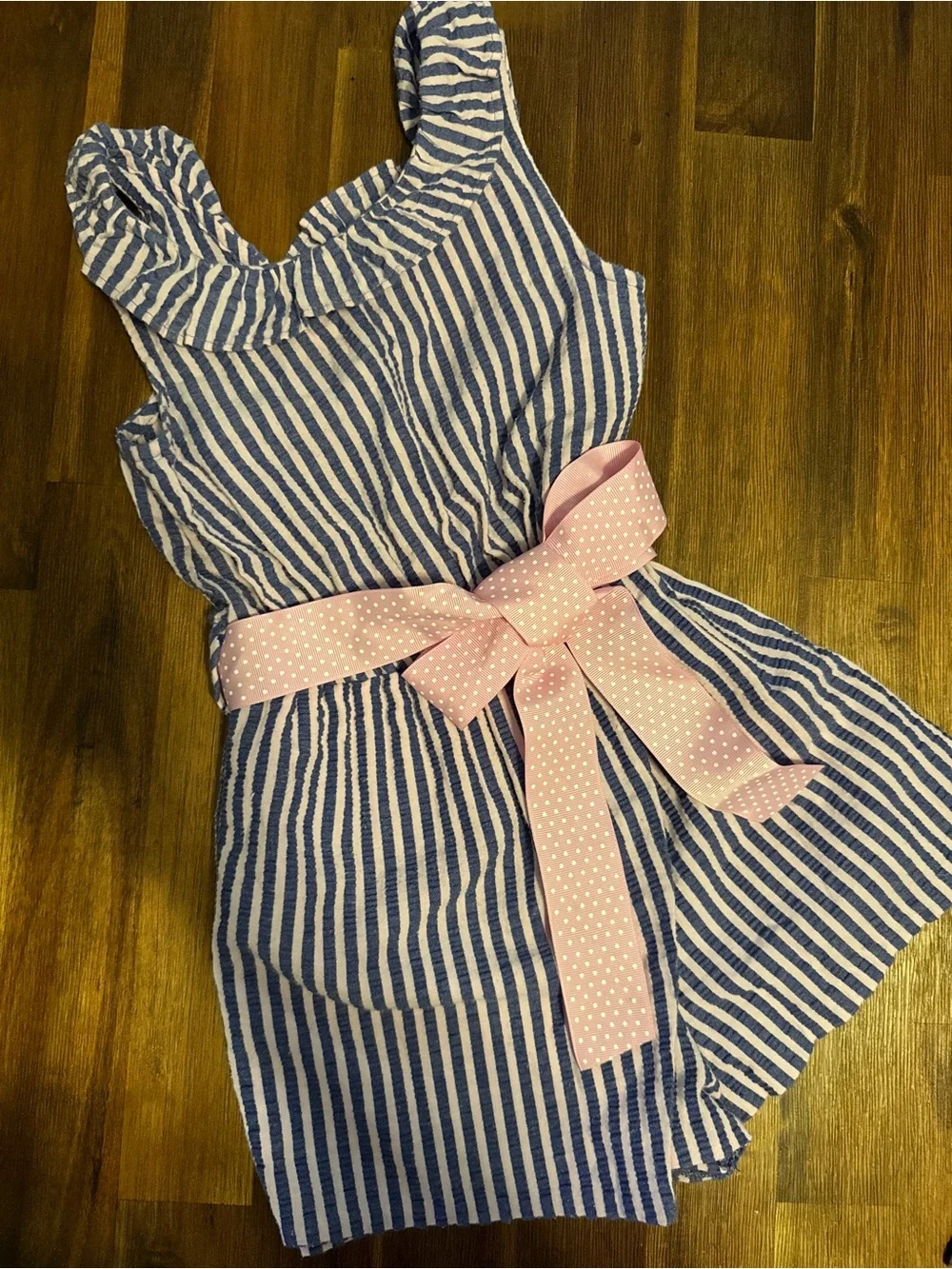 Bonnie Jean Blue Stripe Sleeveless Skort Romper with Pink Bow Belt - Size 6
